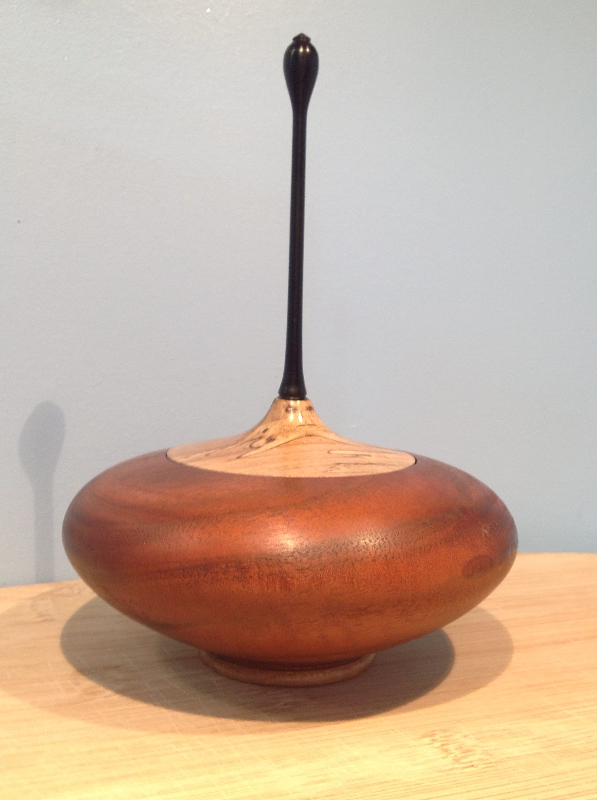 Base-claro walnut, Lid-spalted maple & Finial-ebony